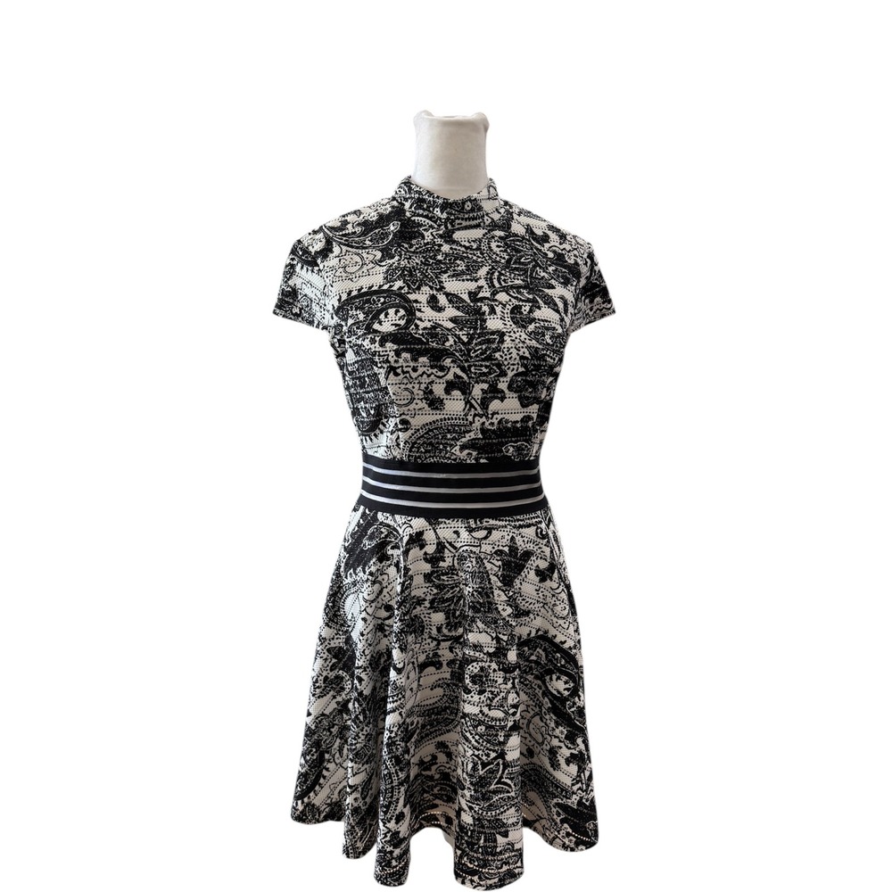 Jodi Kristopher Paisley Fit Flare Dress Black White Mesh Waist Size 7‎